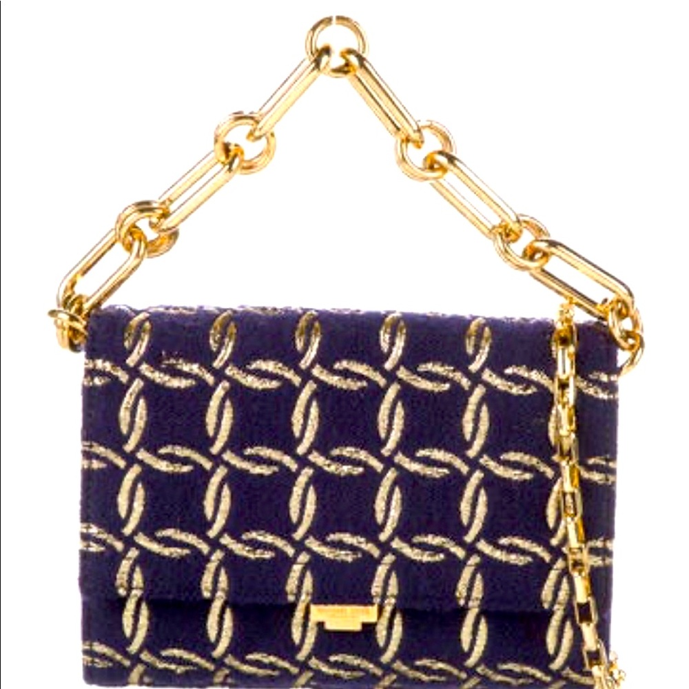Michael Kors Collection Navy and Gold Fabric Crossbody Bag